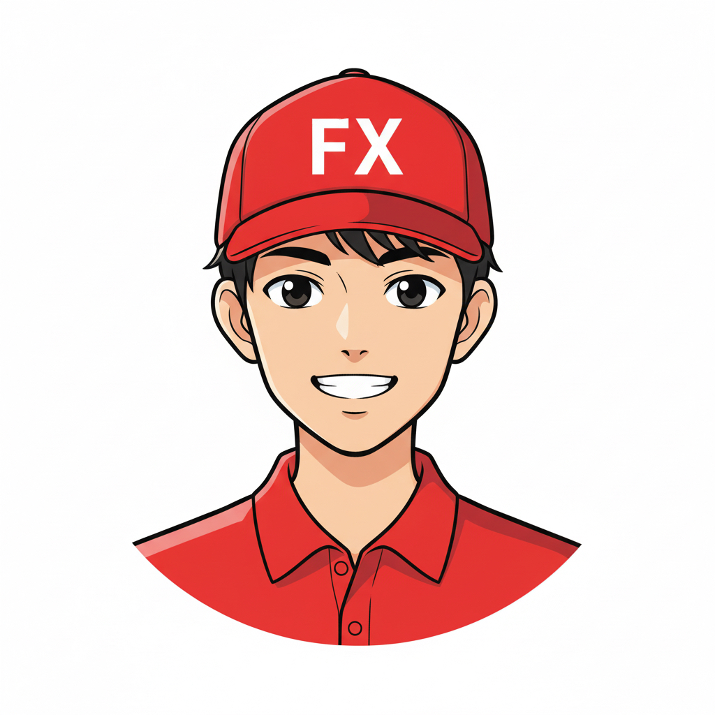 マッククルーの帽子をかぶりFXと書かれた赤入りのユニフォームを着た大学生トレーダー、ポテトレーダーのアイコン