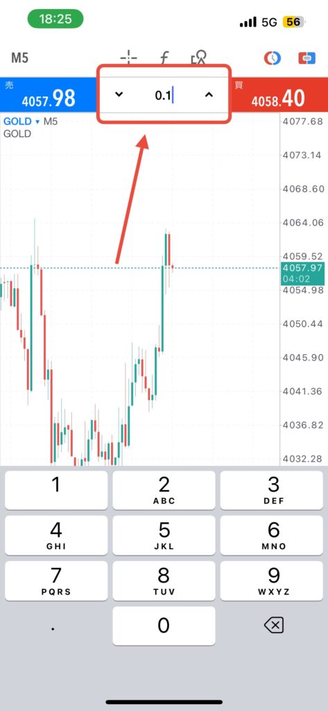 MT5アプリのチャート画面上部のロット数入力欄。極小ロット(0.01)で取引量を設定し、リスクを管理する手順。