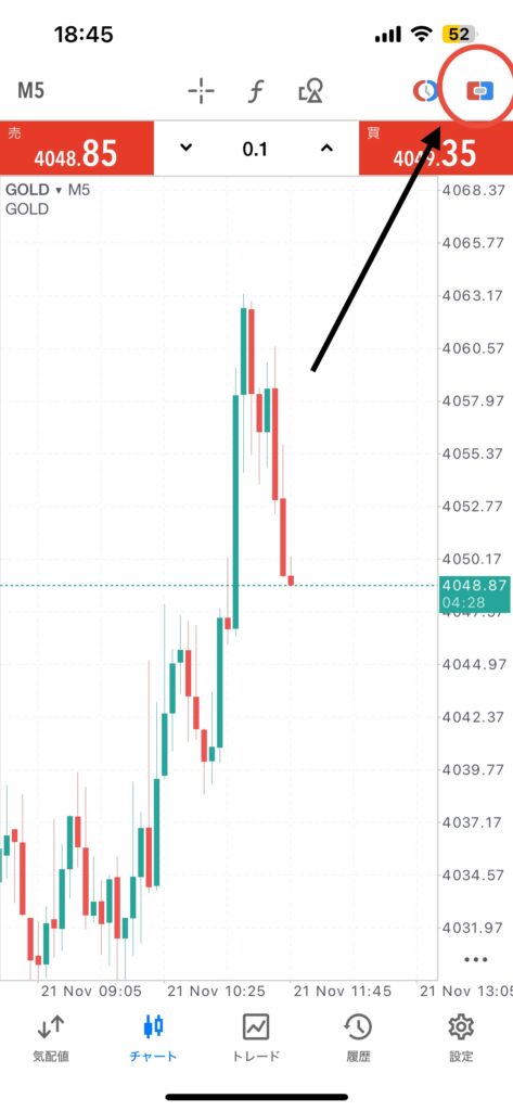 MT5アプリのチャート画面上部にあるワンタッチ注文ボタン。初心者でも極小ロットで素早く発注する方法。