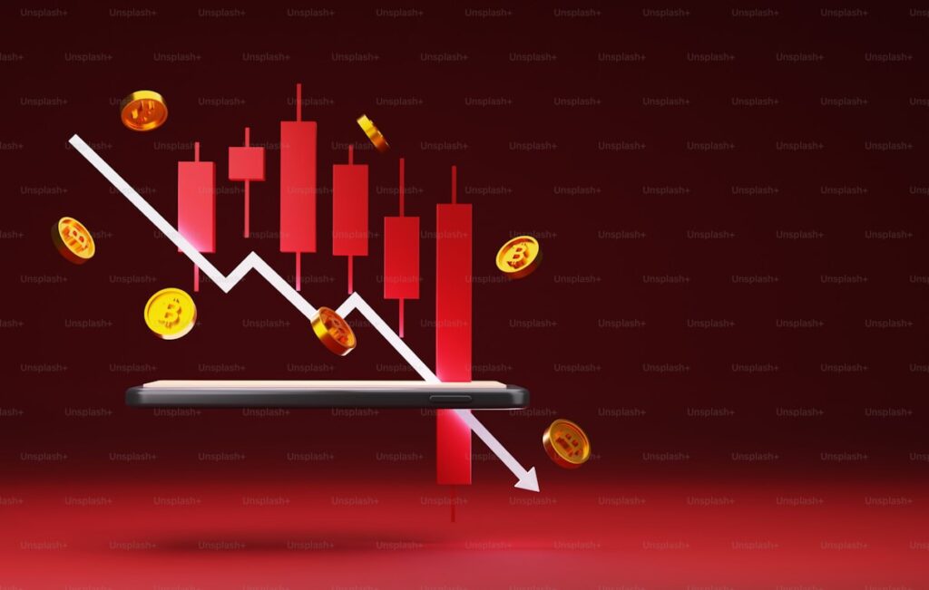 赤い背景に急激な下降を示すチャートと矢印のイラスト。FXの逆張り失敗による大損と資金減少のリスクを象徴。
