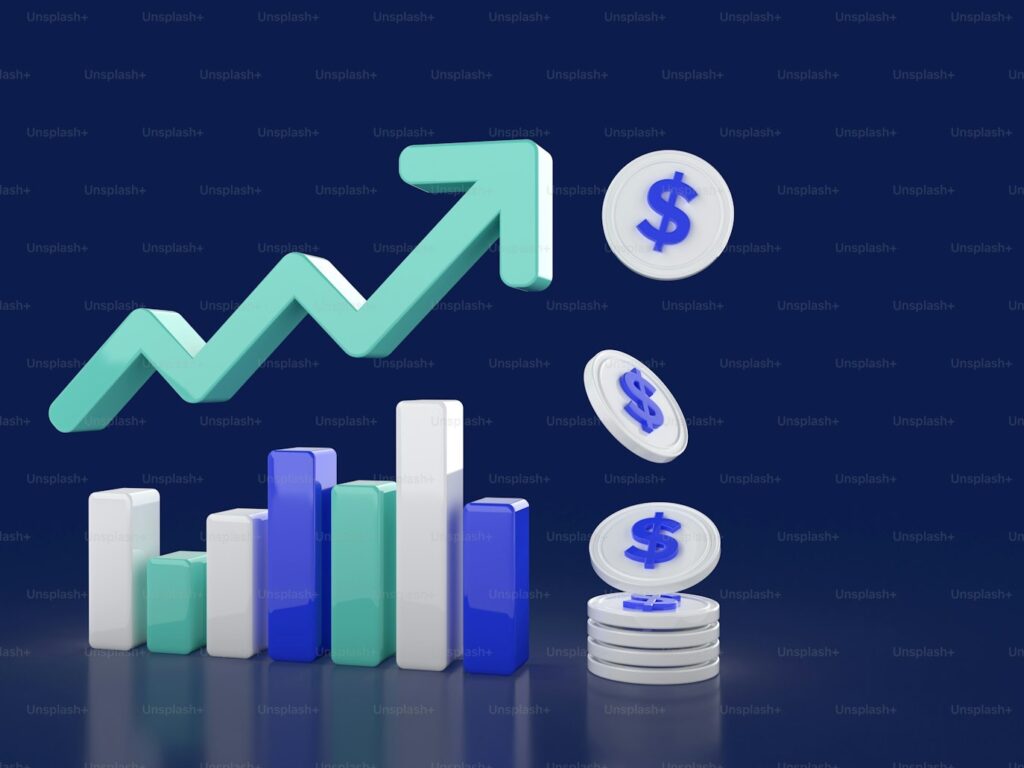 安定したバーチャートと力強く伸びる水色の矢印。FXの順張り手法による資産の安定的な成長と成功を表現。