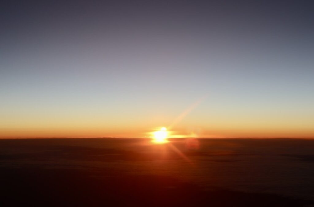 FXへの不安を抱えながらも、将来を見据えて夕日を眺める大学生のシルエット。