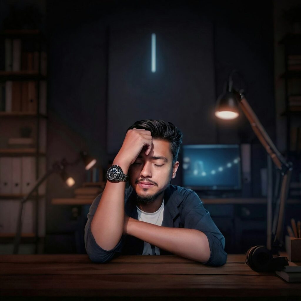 FXのポジポジ病や損切りによるストレスで精神的に疲弊した大学生トレーダー。毎日トレードが招くメンタル崩壊のイメージ。